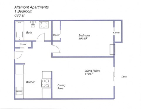 Floor plan for 1 bed, 1 bath, 636 sqft